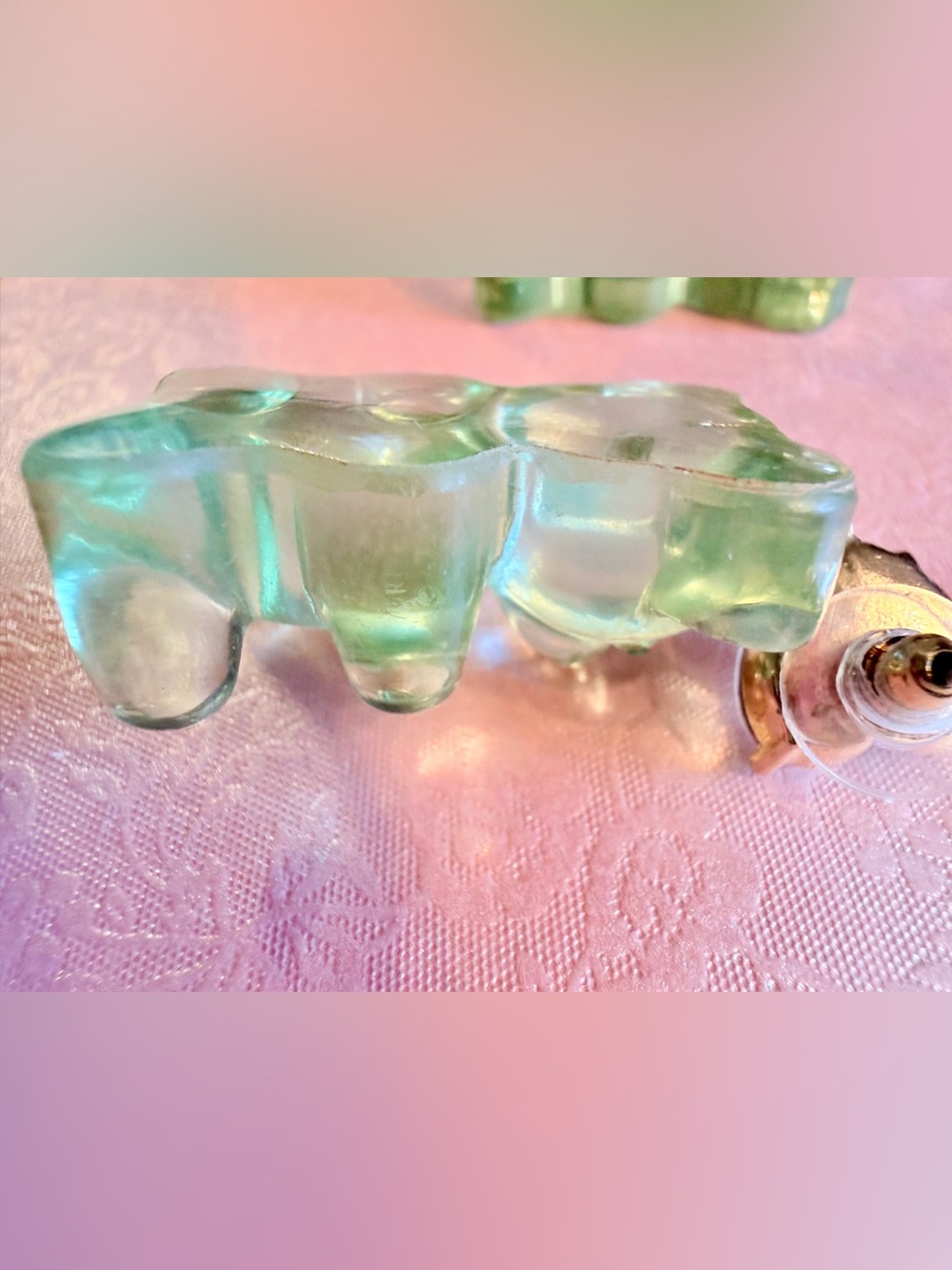 Betsey Johnson Translucent Green Bear Drop Earrings with White Heart Studs - Picture 3 of 5